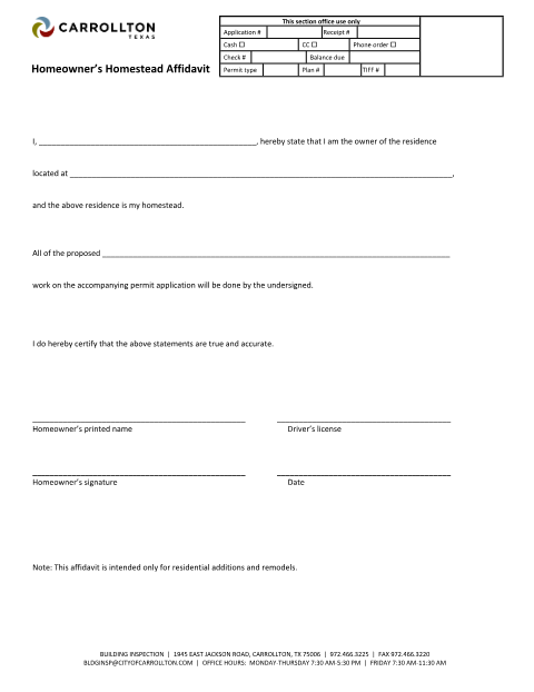 First page of the Homeowner's Homestead Affidavit