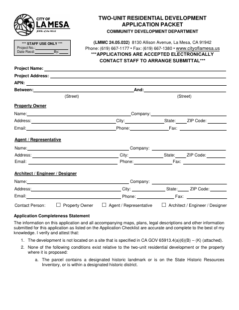 First page of the Two-Unit Residential Development Application Packet
