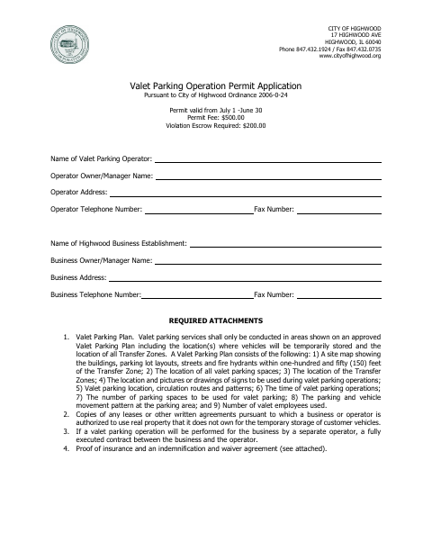 First page of the Valet Parking Operation Permit Application