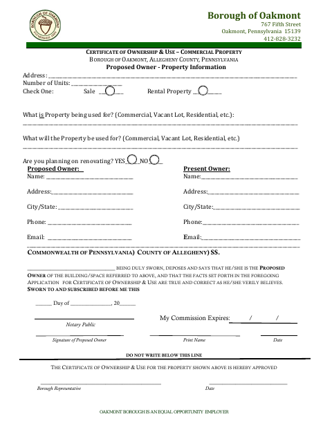 First page of the Certificate of Ownership and Use – Commercial Property (Proposed Owner)