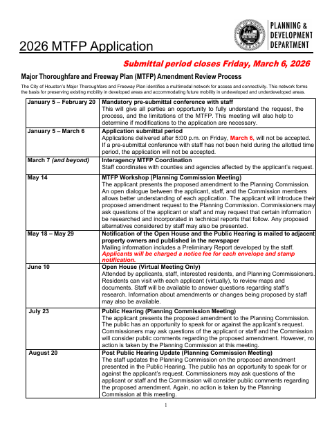 First page of the 2026 Major Thoroughfare and Freeway Plan Amendment Application