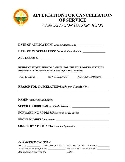 First page of the Application for Cancellation of Service