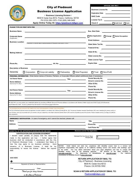 First page of the Business License Application