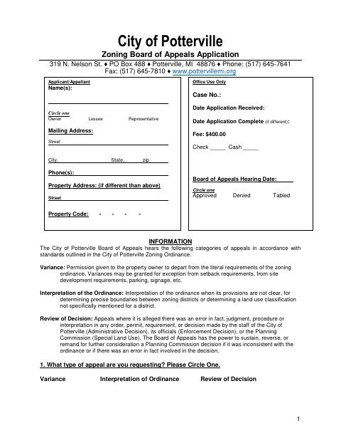 First page of the Zoning Board of Appeals Application