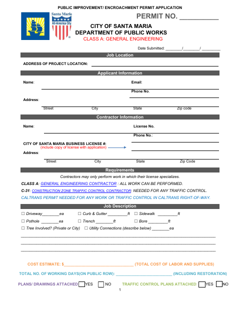 First page of the Public Improvement / Encroachment Permit Application (Class A)