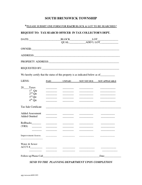First page of the Tax Search Request