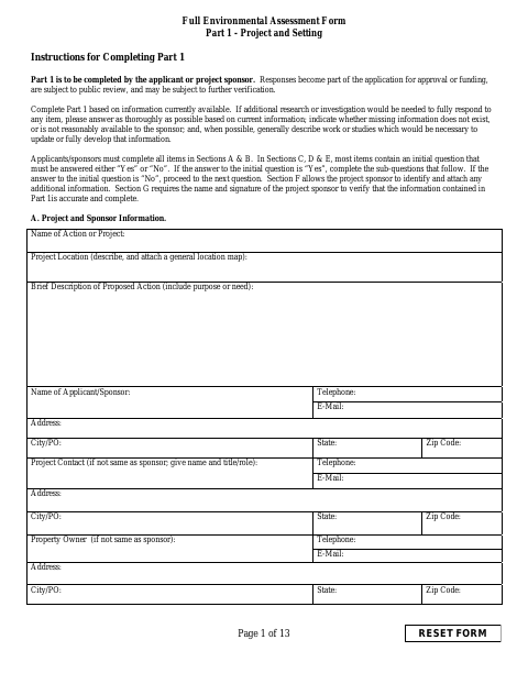 First page of the Full Environmental Assessment Form Part 1