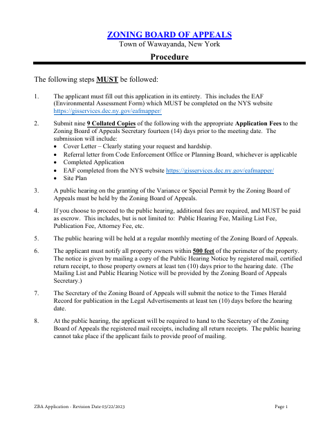 First page of the Zoning Board of Appeals Application