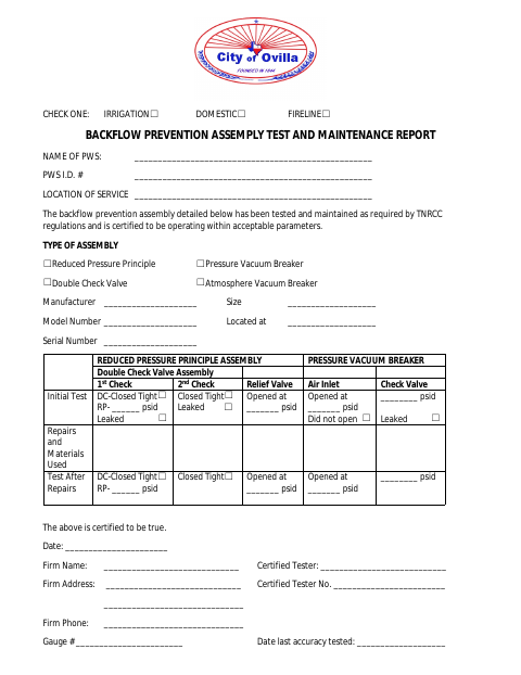 First page of the Backflow Prevention Assembly Test and Maintenance Report