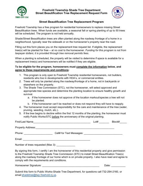 First page of the Street Beautification Tree Replacement Request Form
