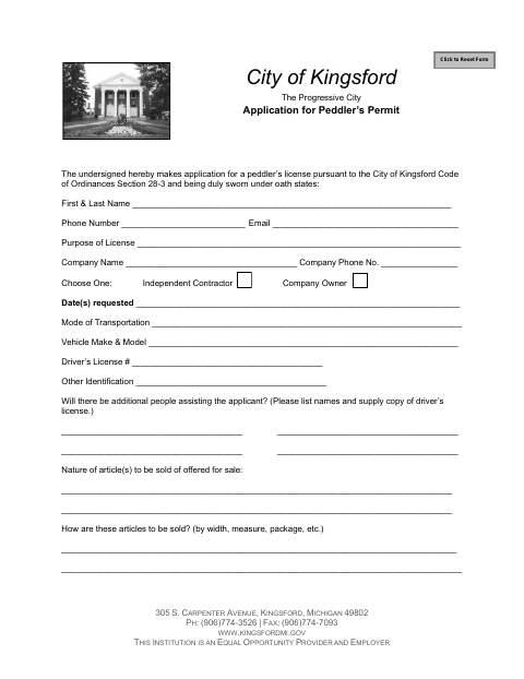 First page of the Peddler’s Permit Application