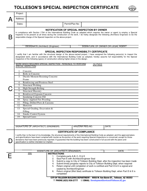 First page of the Special Inspection Certificate