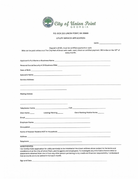 First page of the Utility Service Application