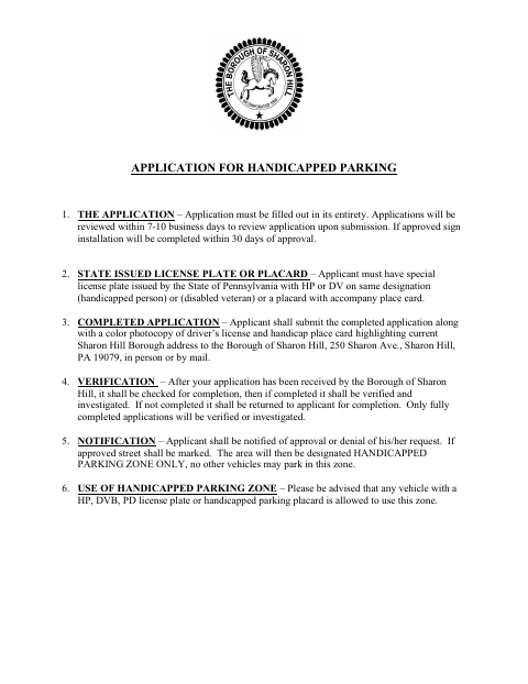 First page of the Application for Handicapped Parking