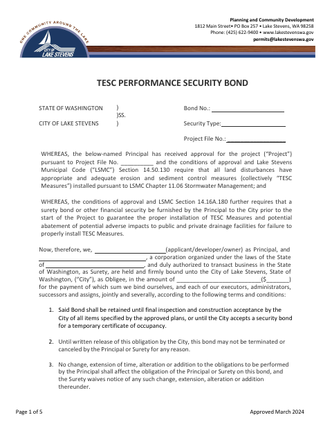 First page of the TESC Performance Security Bond
