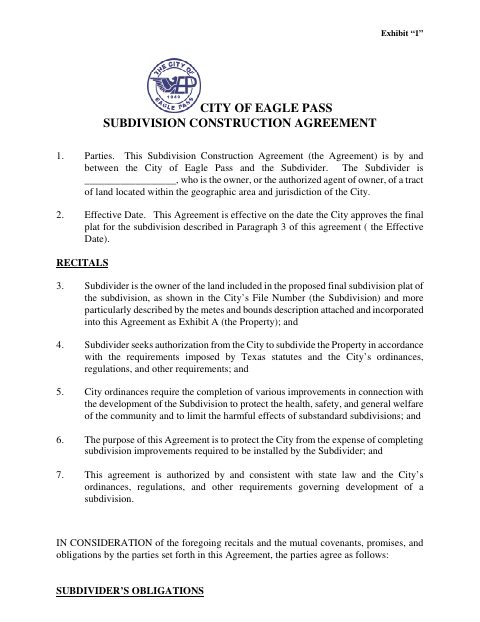 First page of the Subdivision Construction Agreement