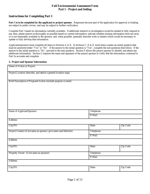 First page of the Full Environmental Assessment Form Part 1 – Project and Setting