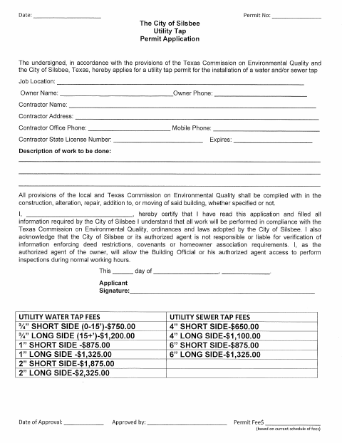 First page of the Utility Tap Permit Application