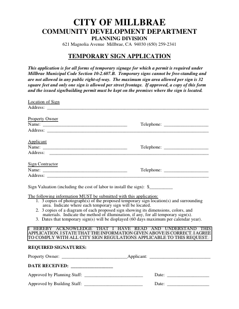First page of the Temporary Sign Application