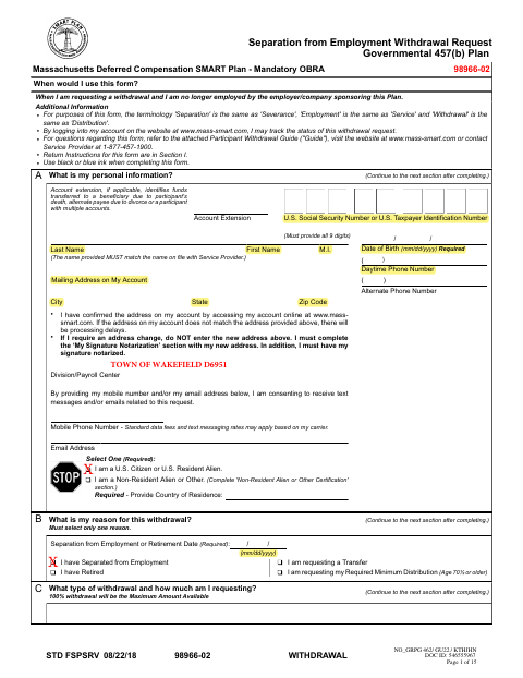 First page of the Separation from Employment Withdrawal Request