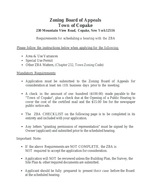 First page of the Zoning Board of Appeals Application
