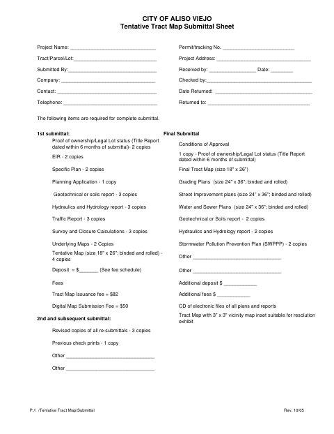 First page of the Tentative Tract Map Submittal Sheet