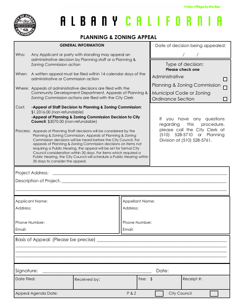 First page of the Planning & Zoning Appeal Form