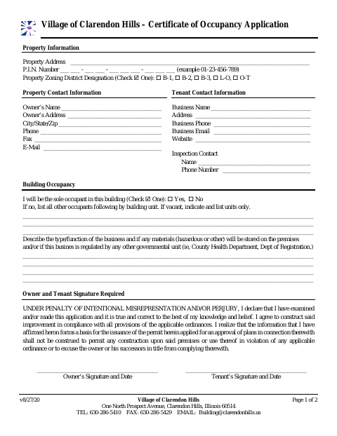 First page of the Certificate of Occupancy Application (Business Only)