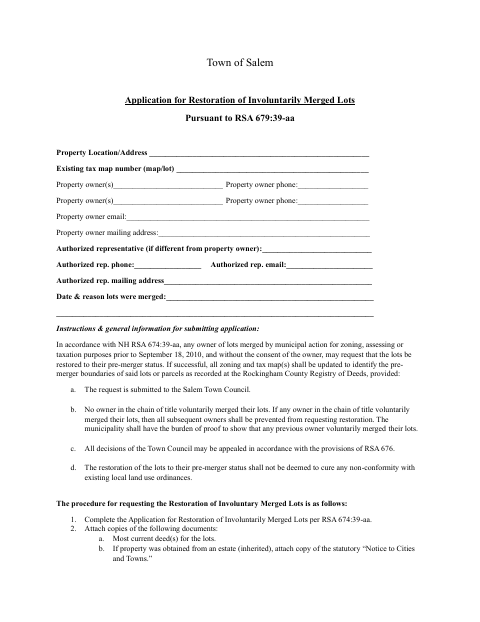 First page of the Application for Restoration of Involuntarily Merged Lots