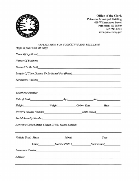 First page of the Soliciting and Peddling Application
