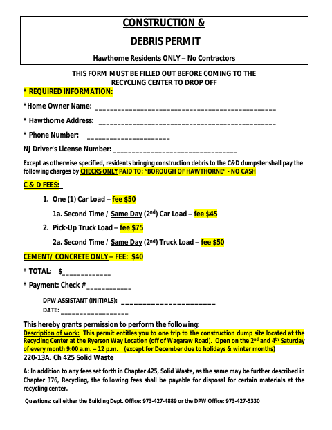 First page of the Construction & Debris Permit