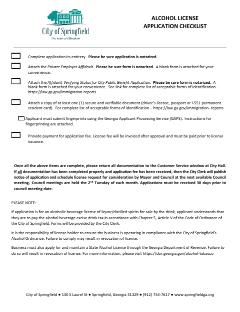 First page of the Alcohol License Application Checklist