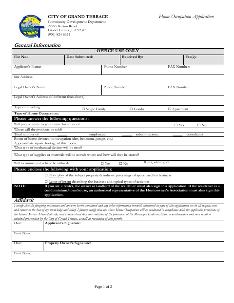 First page of the Home Occupation Application