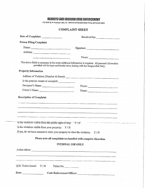 First page of the Code Enforcement Complaint Form
