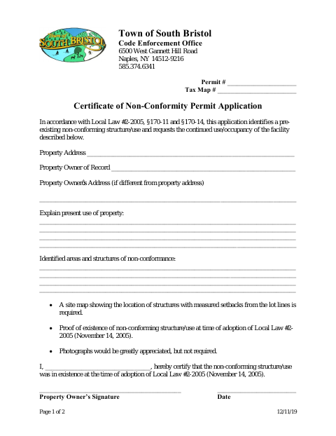 First page of the Certificate of Non-Conformity Permit Application