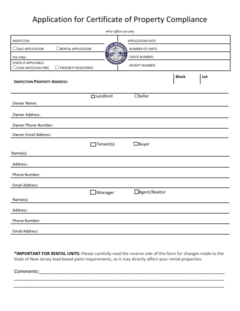 First page of the Application for Certificate of Property Compliance