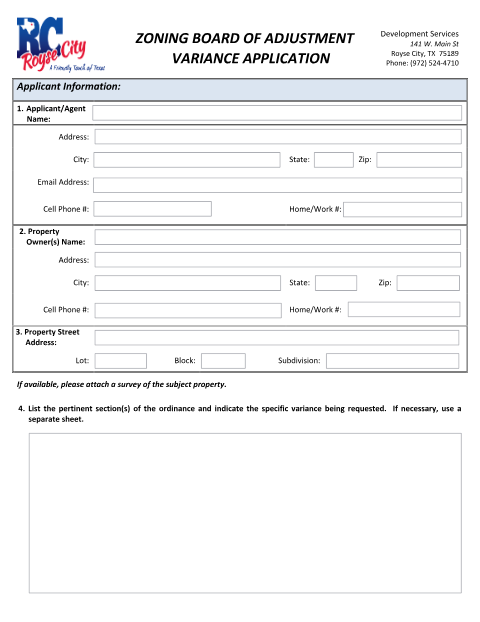 First page of the Zoning Board of Adjustment Variance Application