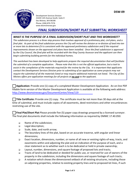 First page of the Final Subdivision / Short Plat Submittal Worksheet