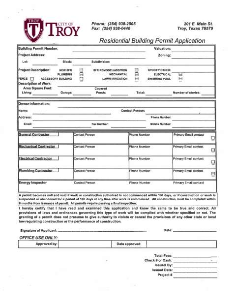 First page of the Residential Building Permit Application