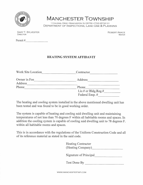First page of the Heating System Affidavit