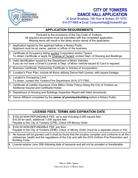 First page of the Dance Hall License Application