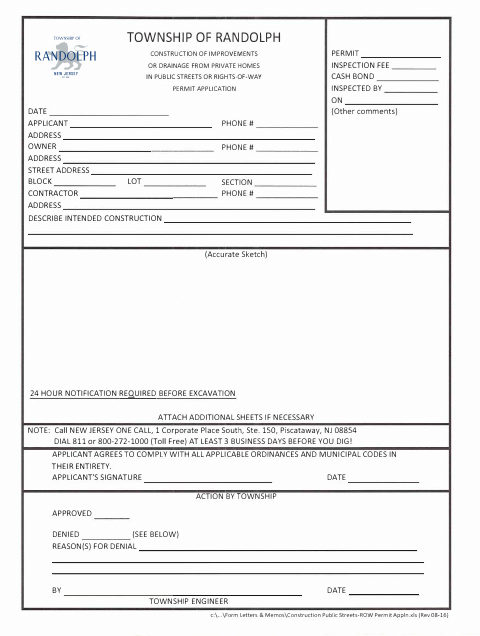 First page of the Construction of Improvements or Drainage in Public Streets or Rights-of-Way Permit Application