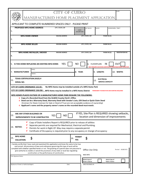 First page of the Manufactured Home Placement Application