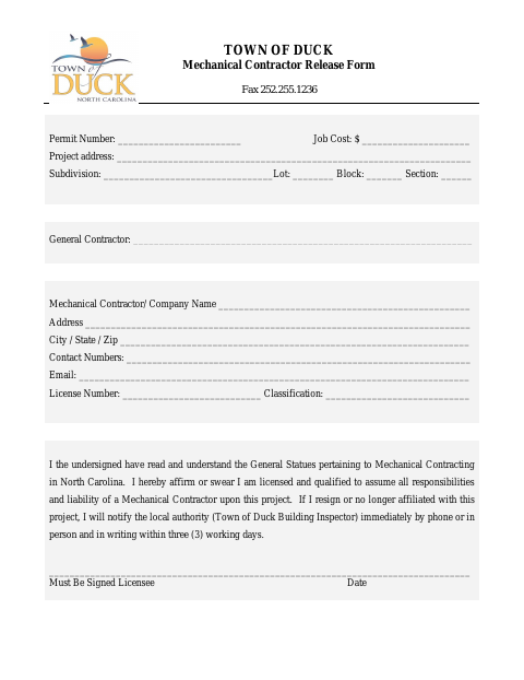 First page of the Mechanical Contractor Release Form