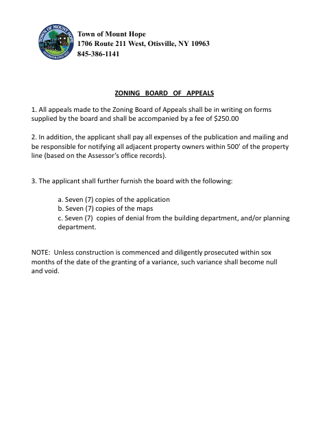 First page of the Zoning Board of Appeals Application for Permit