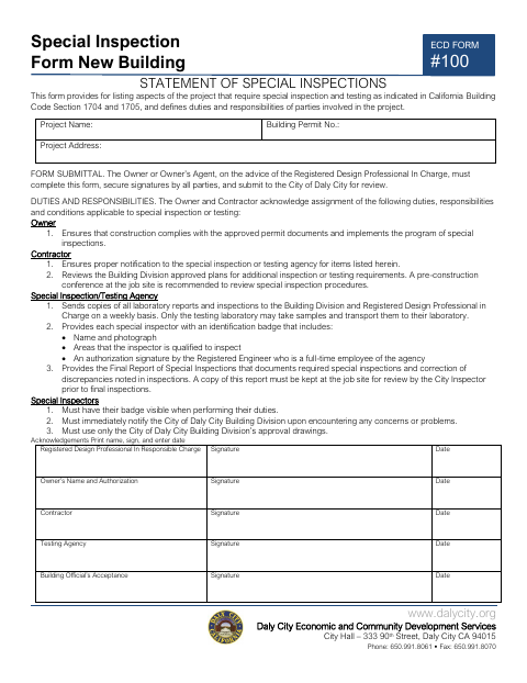 First page of the Special Inspection Form New Building