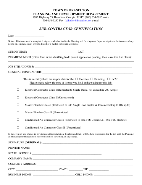 First page of the Sub-Contractor Certification