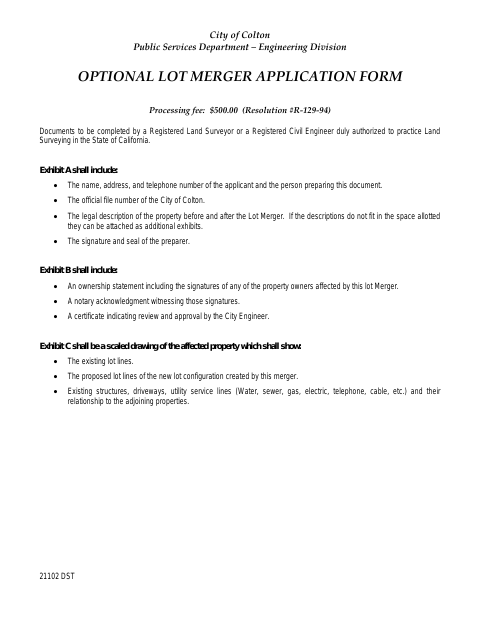 First page of the Optional Lot Merger Application Form