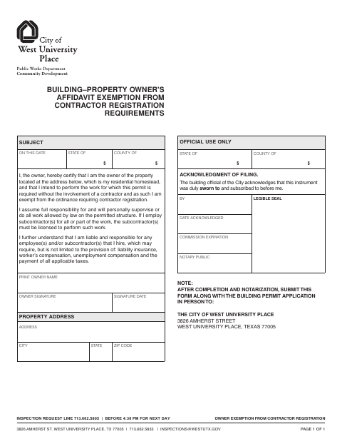 First page of the Property Owner's Affidavit for Exemption from Contractor Registration