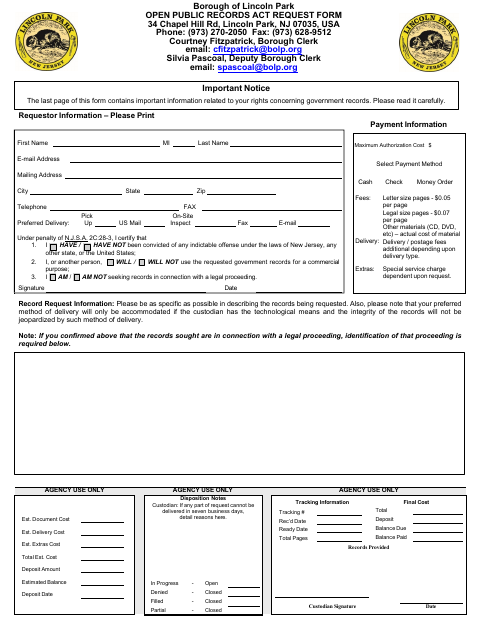 First page of the Open Public Records Act Request Form